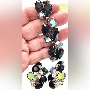 Schiaparelli Bracelet + Earrings Set Aurora Borealis AB Black Rhinestones VTG